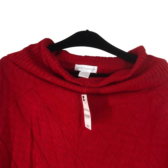 Lipstick Red Basketweave Knit Poncho Sweater w/Chunky Fringe, Cowl Neck sz OS - Picture 3 of 7